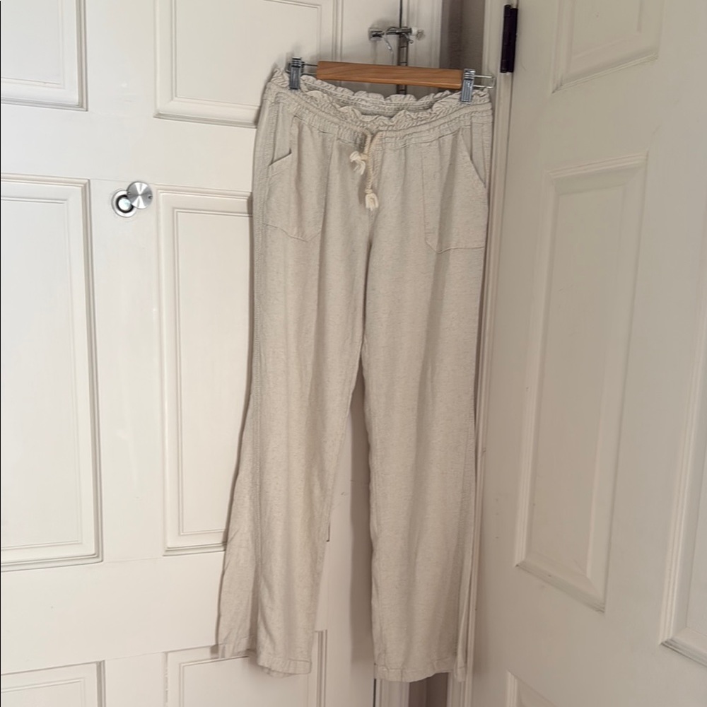 Wide Leg Drawstring Linen-Blend Pants - Cream